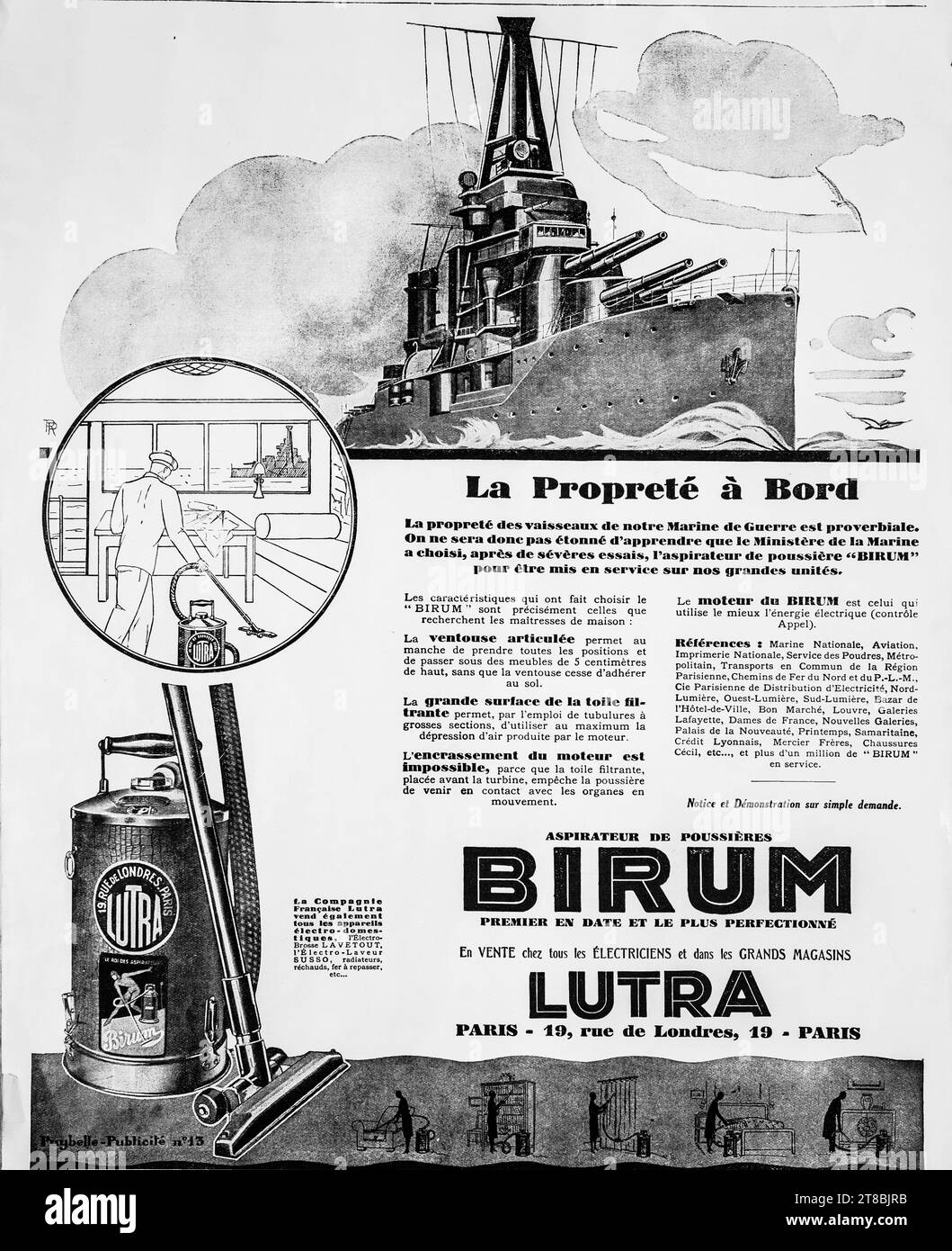 Eine Vintage-Werbung in französischer Sprache aus dem Jahr 1927 für Birum Staubsauger. In der Werbung wird behauptet, dass die französische Marine diesen Staubsauger für ihre größeren Einheiten verwendet hat. Stockfoto