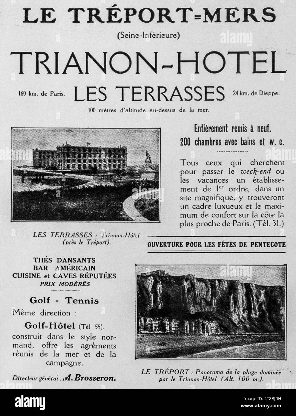 Eine Vintage-Werbung in französischer Sprache aus dem Jahr 1926 für Trianon-Hôtel in Le Tréport-Mers, Frankreich. Die Werbung zeigt Bilder des Hotels und der umliegenden Landschaft und erwähnt die Einrichtungen des Hotels. Stockfoto