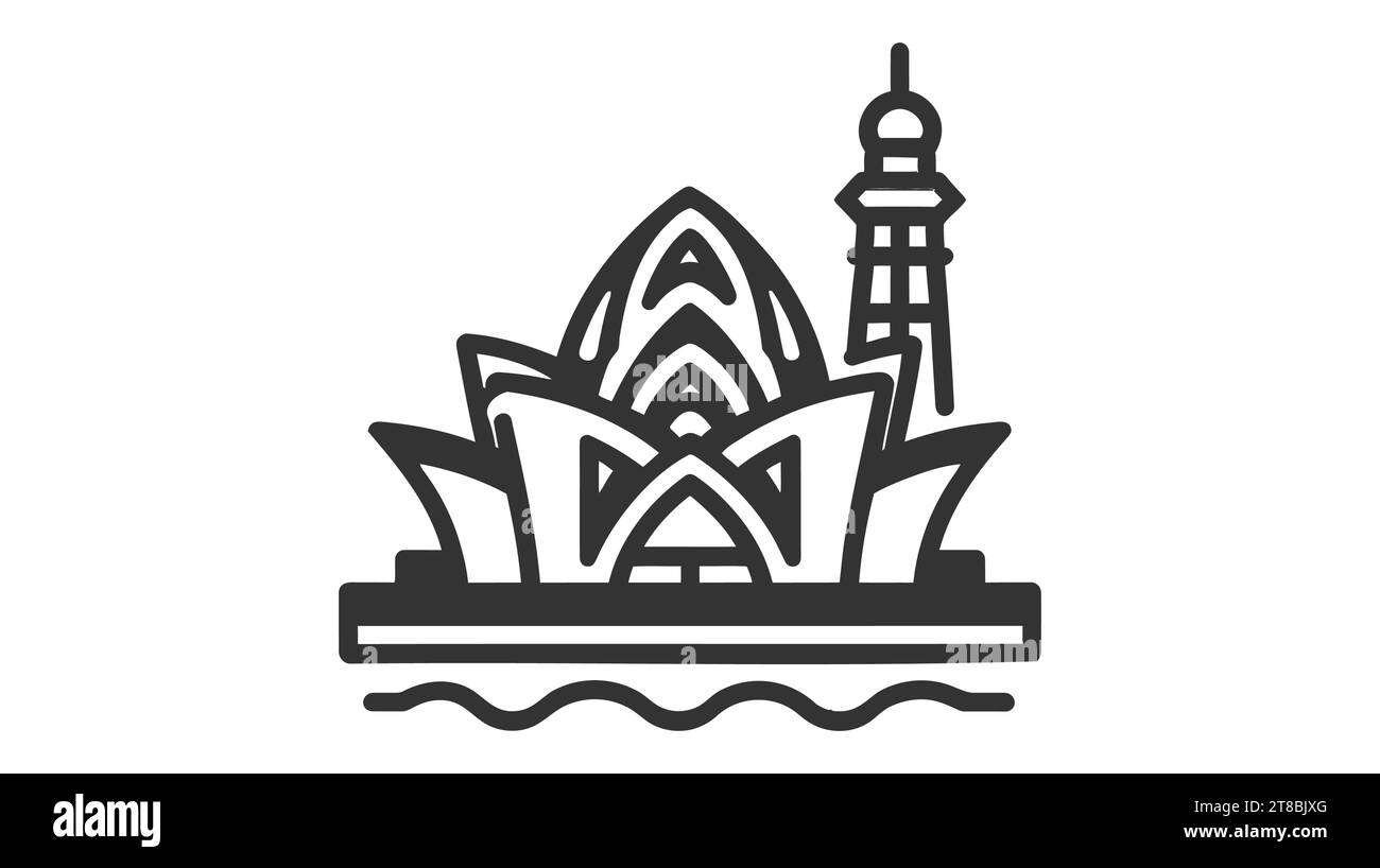 Einfarbige Strichkunst des Sydney Opera House mit dem Eiffelturm im Hintergrund. Stock Vektor