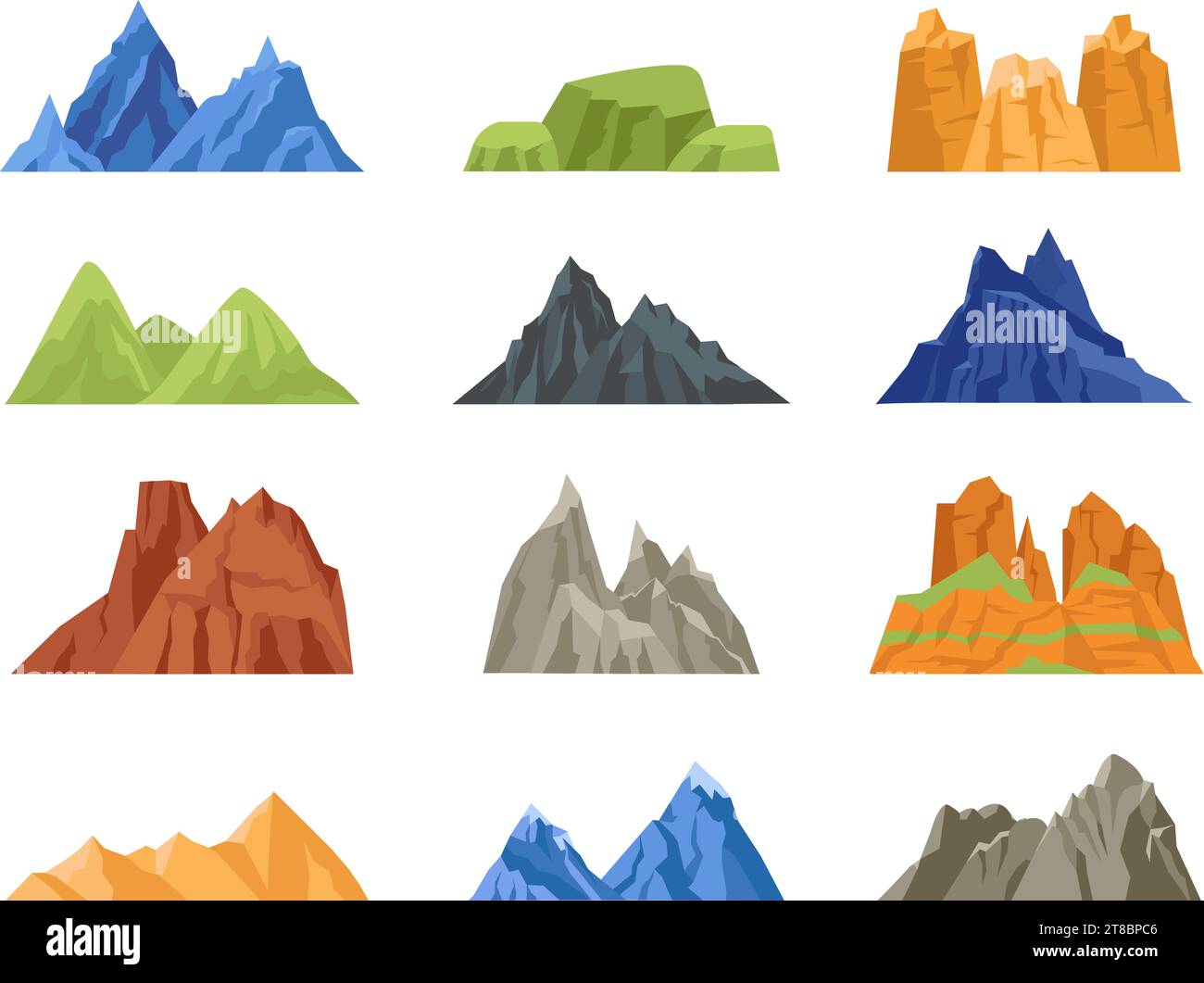 Isolierte flache Berge und Felsen, grüne Hügel. Verschiedene Berge für Naturlandschaften. Canyons und Felsspitzen, verschiedene abstrakte, anständige Vektoren Stock Vektor