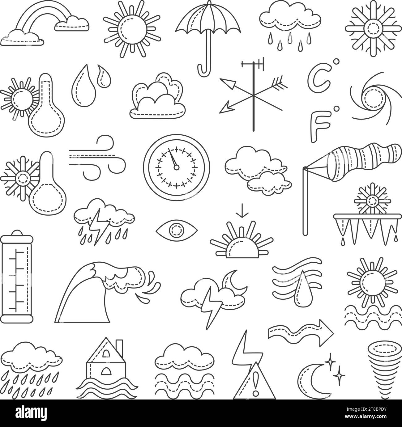 Meteorologie-Doodle-Set. Wettersymbole, Wolken und Regentropfen, Sonne und Schneeflocken. Isolierte saisonale Vorhersage, windige und regnerische neoterische Vektorsymbole Stock Vektor