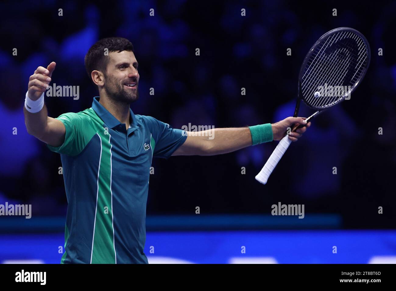 Turin, Italien. November 2023. Novak Djokovic aus Serbien feiert am 8. Tag des Nitto ATP World Tour Finals das letzte Einzelspiel zwischen Novak Djokovic aus Serbien und Jannik Sinner aus Italien. Quelle: Marco Canoniero/Alamy Live News Stockfoto