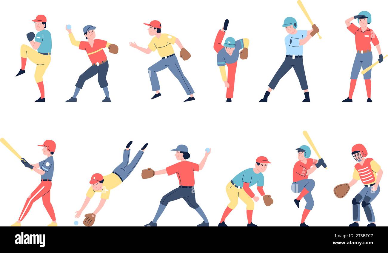 Baseballspieler mit flachen Charakteren. American Sports Athleten Spiel. Fänger, Pitcher tragen Handschuhe und schlagen Ball mit Schläger. Comic Letzte Vektorset Stock Vektor