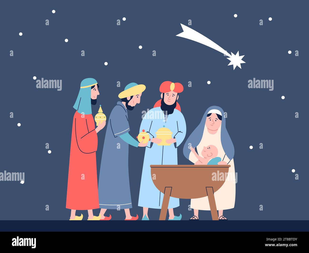 Happy Epiphany Banner. Drei Weise Männer mit Geschenken für jesus-Baby, flache Religion oder Mythologie-Szene. Heiliges fest des Glaubens, christlicher neuerer Vektor Stock Vektor