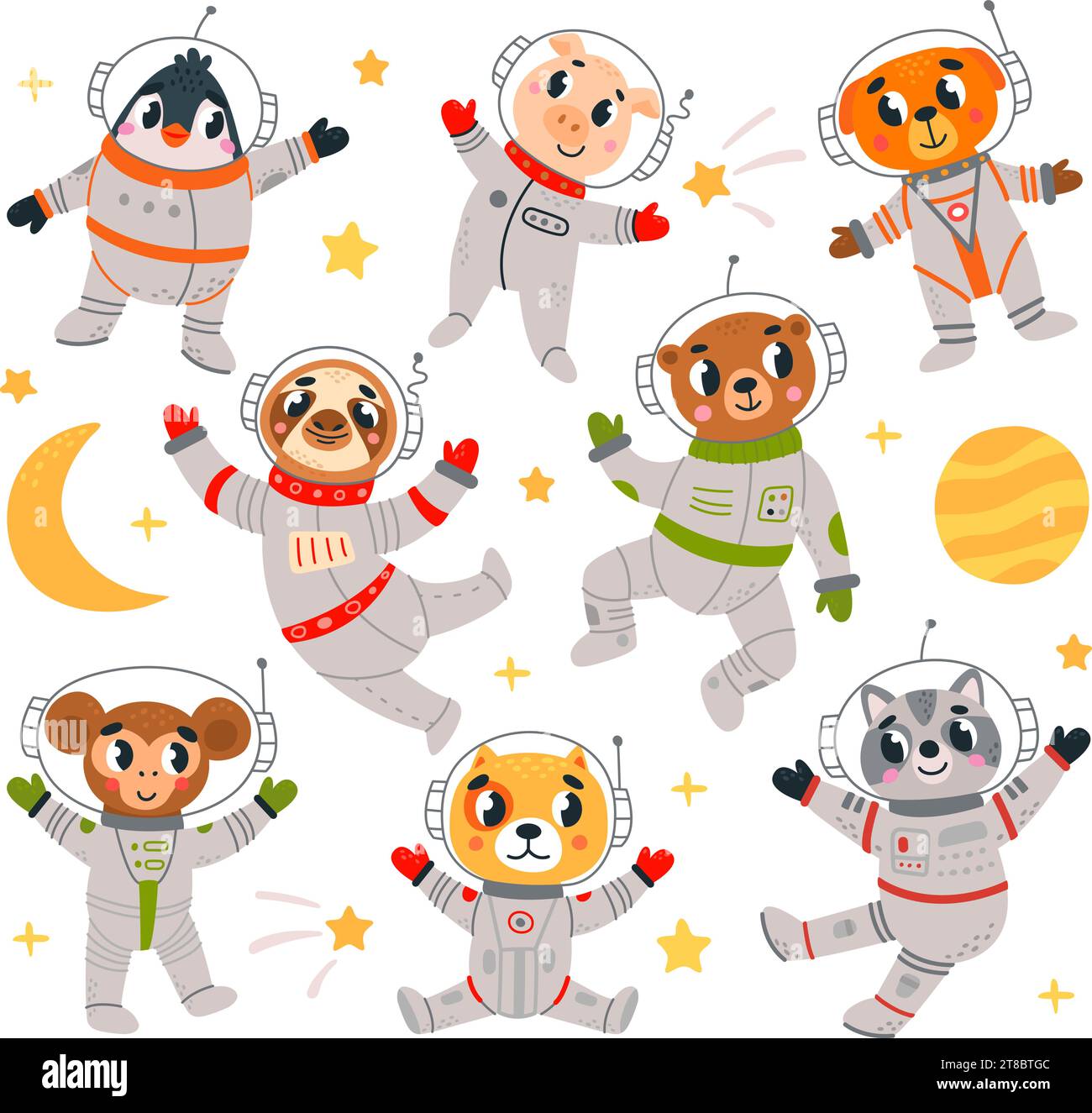 Cartoon Space Animals Astronaut. Lustige kleine Astronauten in Anzügen. Universe Research Charaktere, Tierreisen und Abenteuer, klassisches Vektorset Stock Vektor