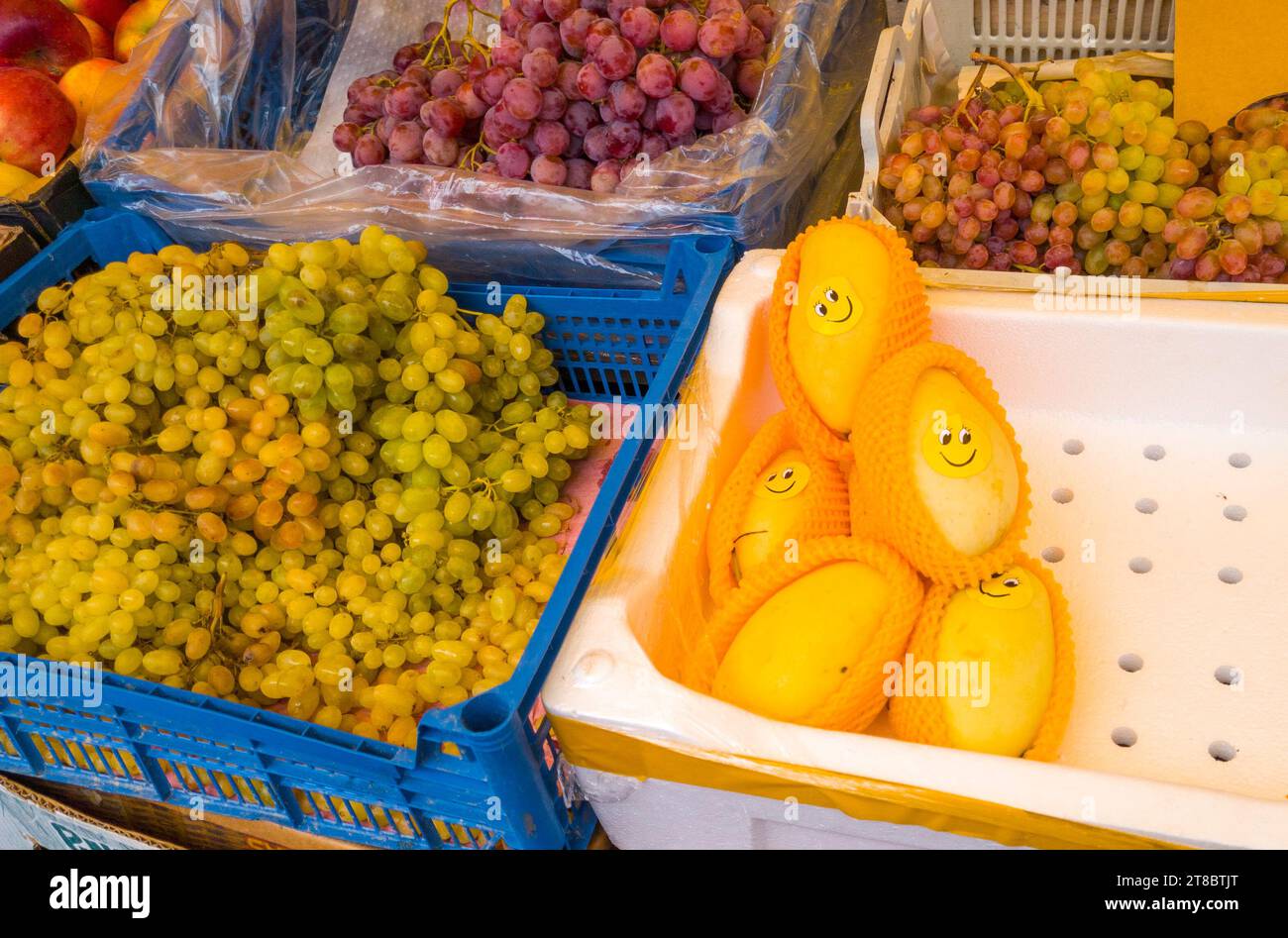 Eine Vielzahl von frischem Obst und Gemüse auf dem Markt. Stockfoto