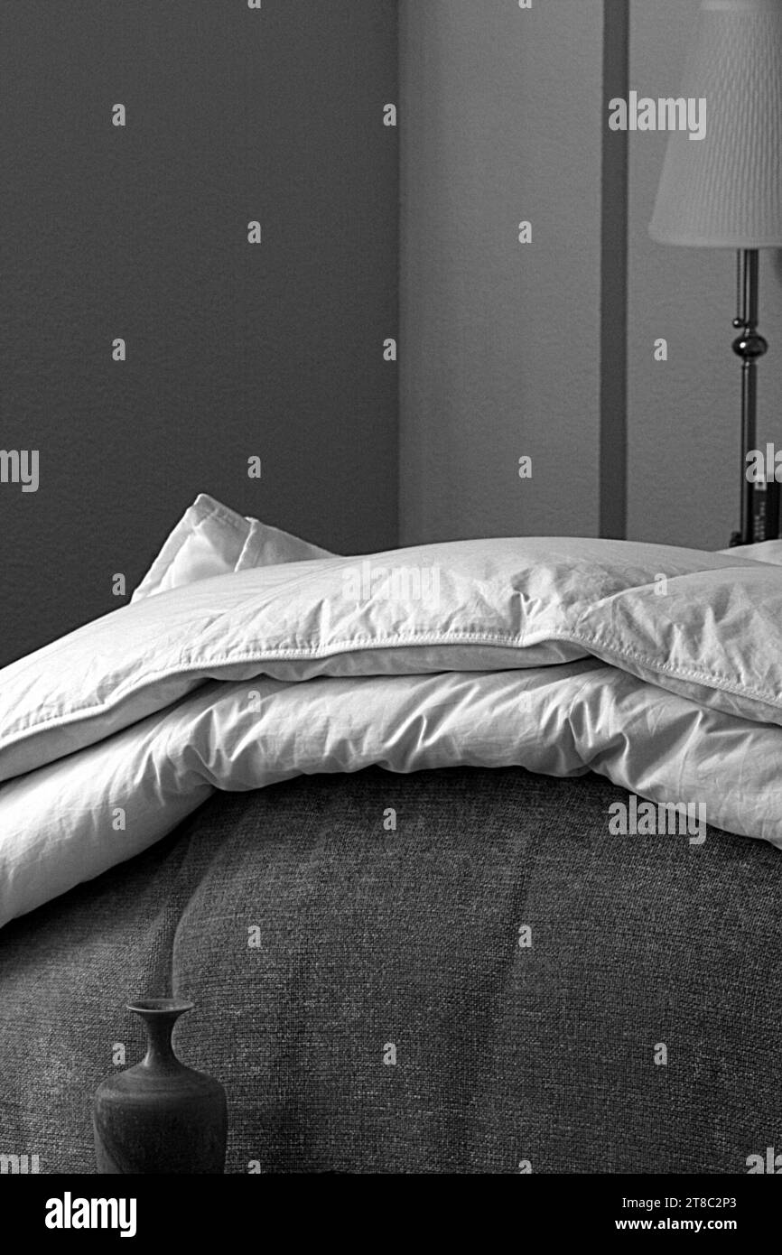 Schwarz-weiß-Bild des Fußes des Bettes mit Bettdecke, Decke, Vase und Lampe bei Nacht in weichem Licht Stockfoto