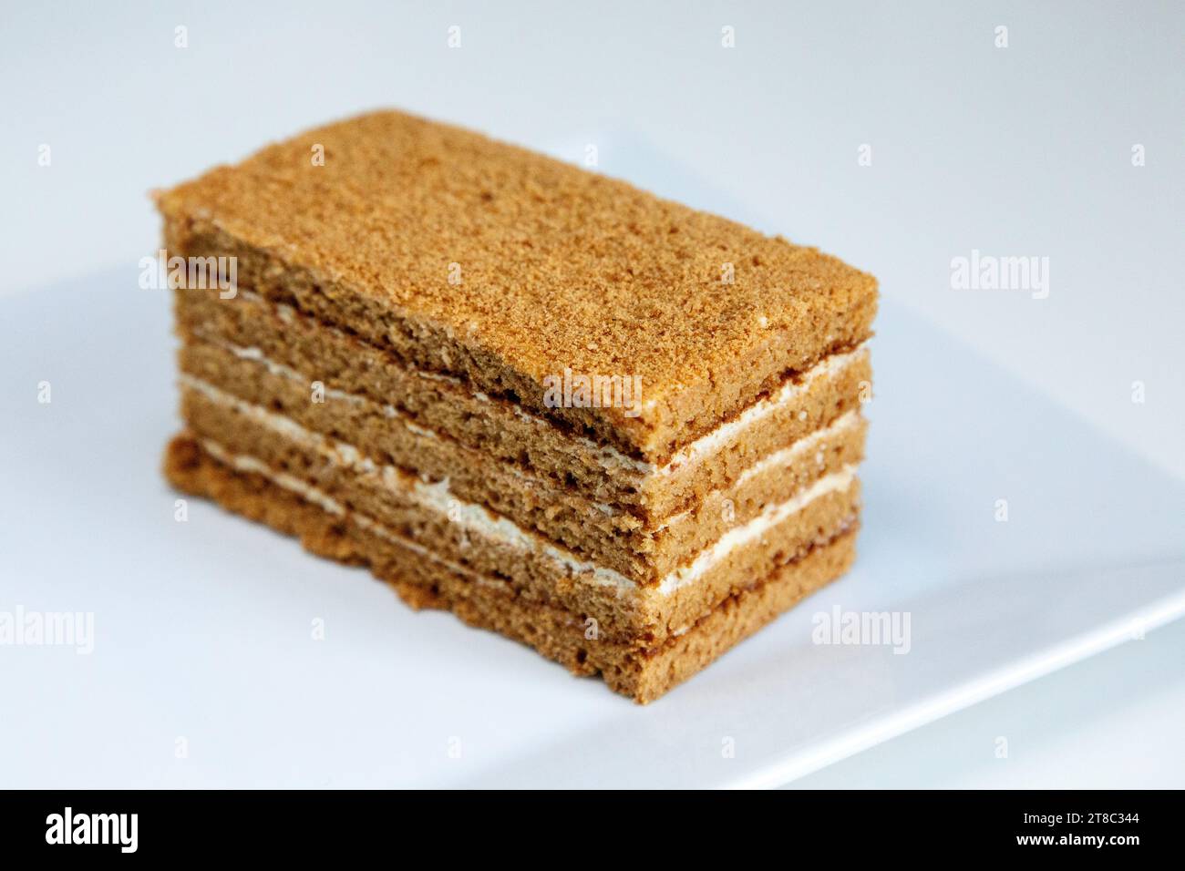 Ein Stück russischer Honigkuchen (medovik) auf einem weißen Teller Stockfoto