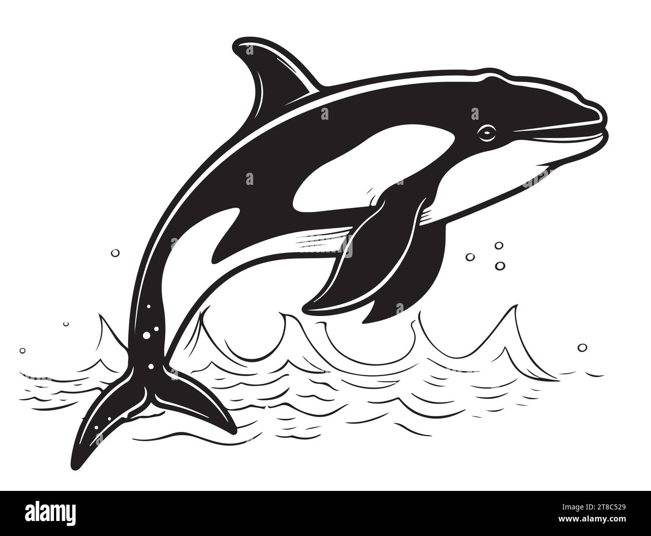 Killerwal, Meerestier, isolierte Skizze. Grampus-Vektor-Illustration. Orca- oder Zahnwal, Meeresräuber, die mit gebogenem Schwanz aus dem Wasser springen. Für Logo, Grußkarte und Design. Stock Vektor