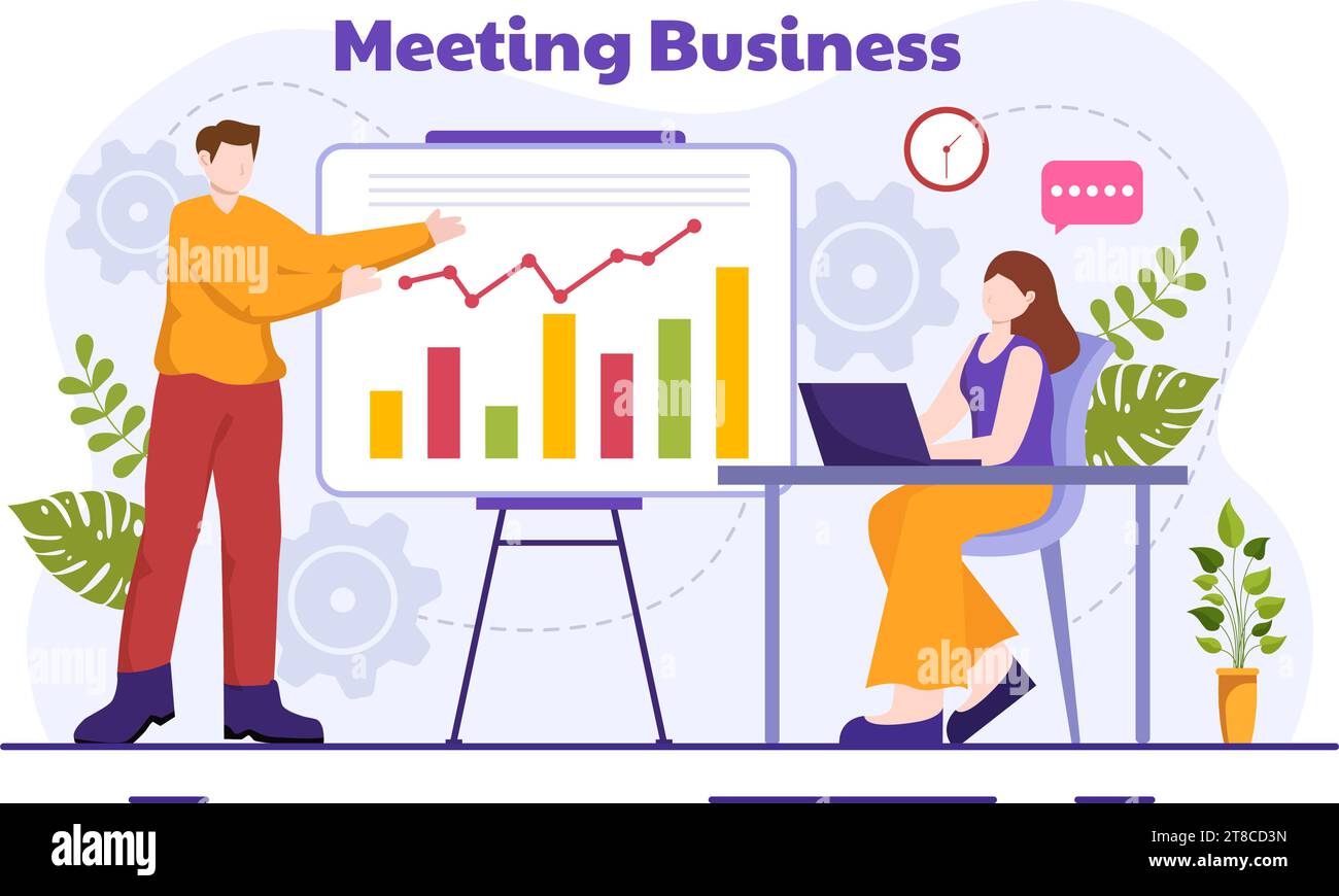 Business Meeting Vektor-Illustration mit Geschäftsmann und Mitarbeitern auf Präsentationskonferenz bei Projektstrategie in flachem Cartoon Hintergrund Stock Vektor