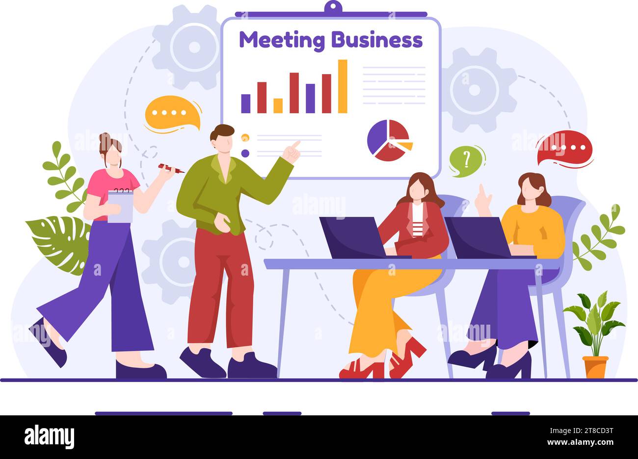 Business Meeting Vektor-Illustration mit Geschäftsmann und Mitarbeitern auf Präsentationskonferenz bei Projektstrategie in flachem Cartoon Hintergrund Stock Vektor