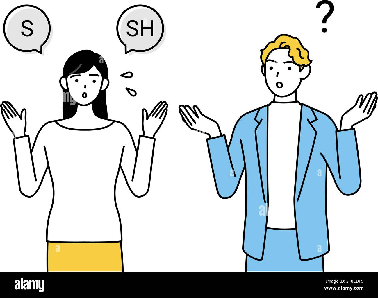 Englische Unterhaltung, japanische Frau kämpft mit der englischen Aussprache von 'l' und 'r' für kaukasische Männer, Vektor-Illustration Stock Vektor