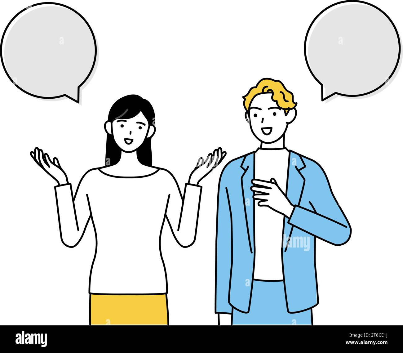 Englisches Gespräch, japanische Frau spricht Englisch mit einem weißen Mann, mit Sprechballon, Vektor-Illustration Stock Vektor