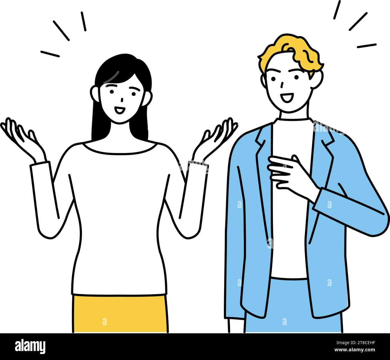 Englisches Gespräch, japanische Frau spricht Englisch mit einem weißen Mann, Vektor-Illustration Stock Vektor