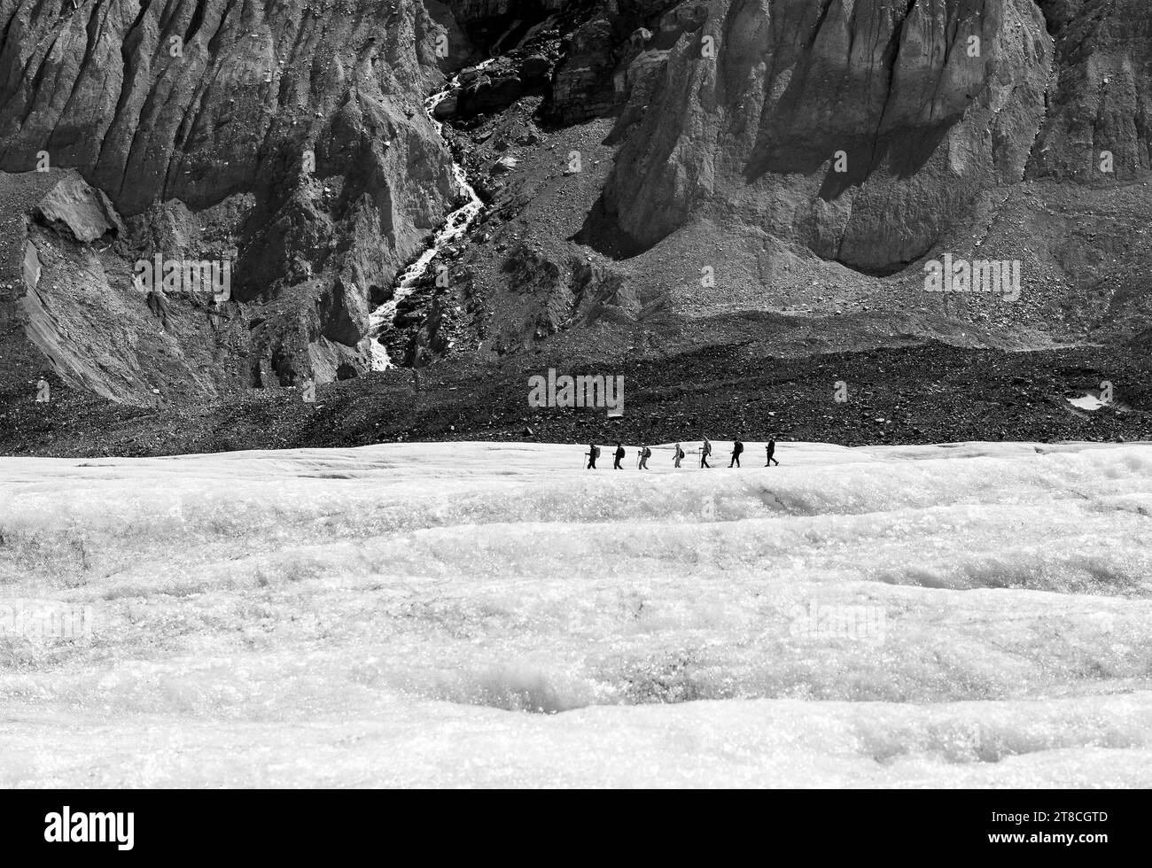 Besucher wandern auf dem Athabasca-Gletscher auf Adventure, Jasper und Banff National Park, Alberta, Kanada. Stockfoto