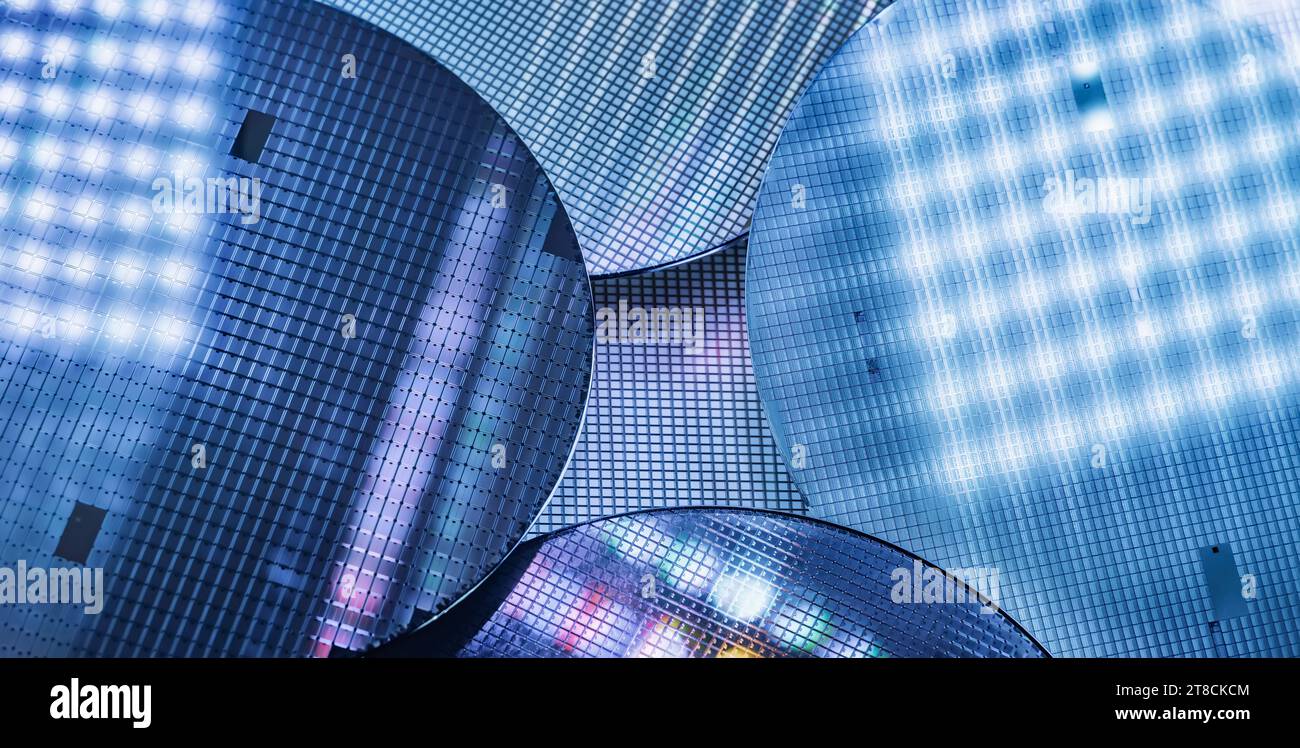 Silizium-Wafer mit Mikrochips, die in der Elektronik zur Herstellung integrierter Schaltungen verwendet werden. Stockfoto