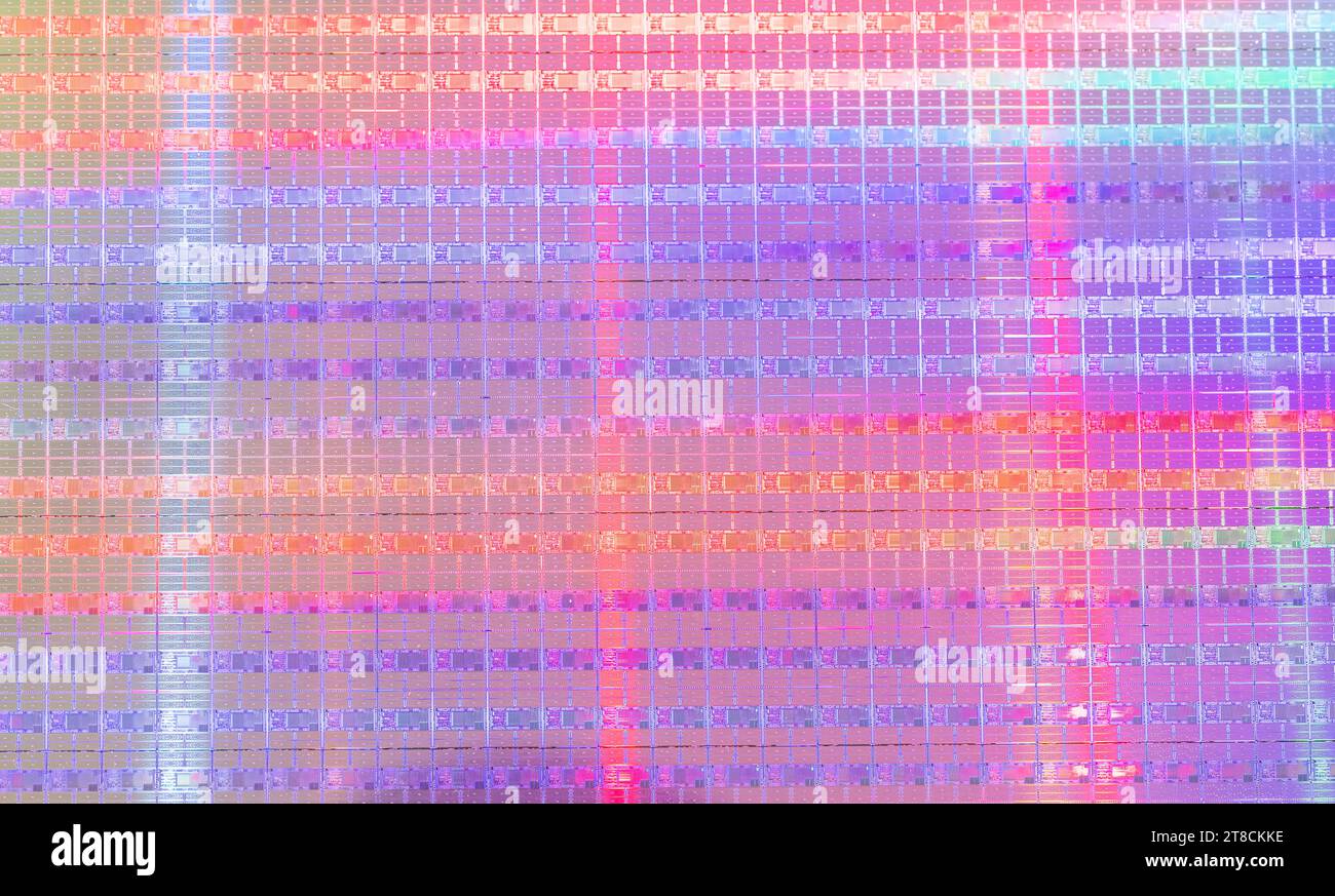 Silizium-Wafer mit Mikrochips, die in der Elektronik zur Herstellung integrierter Schaltungen verwendet werden. Stockfoto