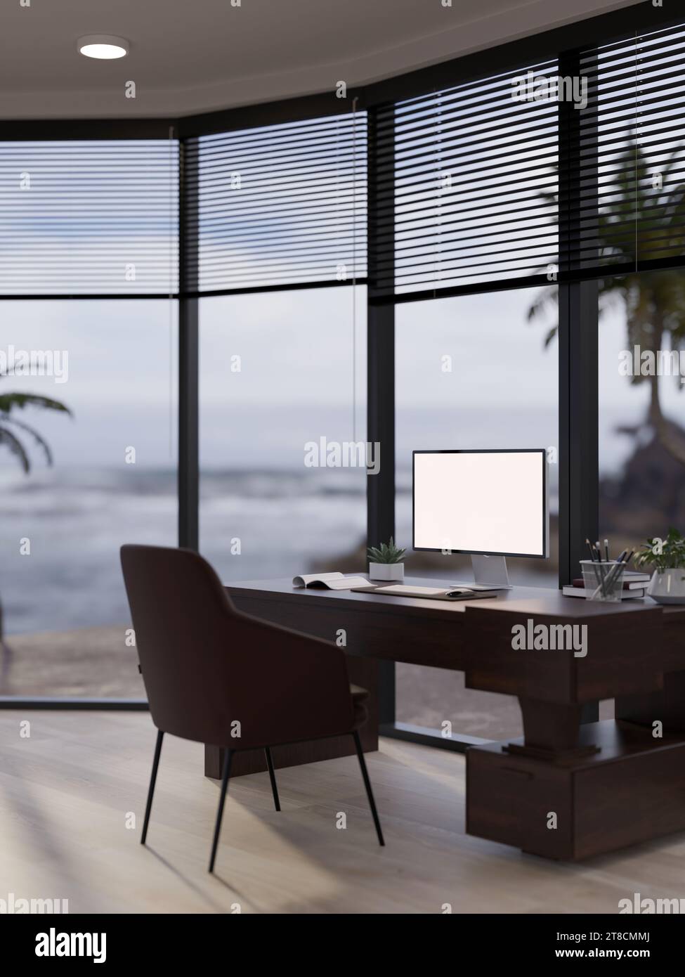 Ein modernes privates Büro mit einem Computermockup auf einem Hartholzschreibtisch und einem Sessel in der Nähe des großen Glasfensters. 3D-Rendering, 3D-Illus Stockfoto