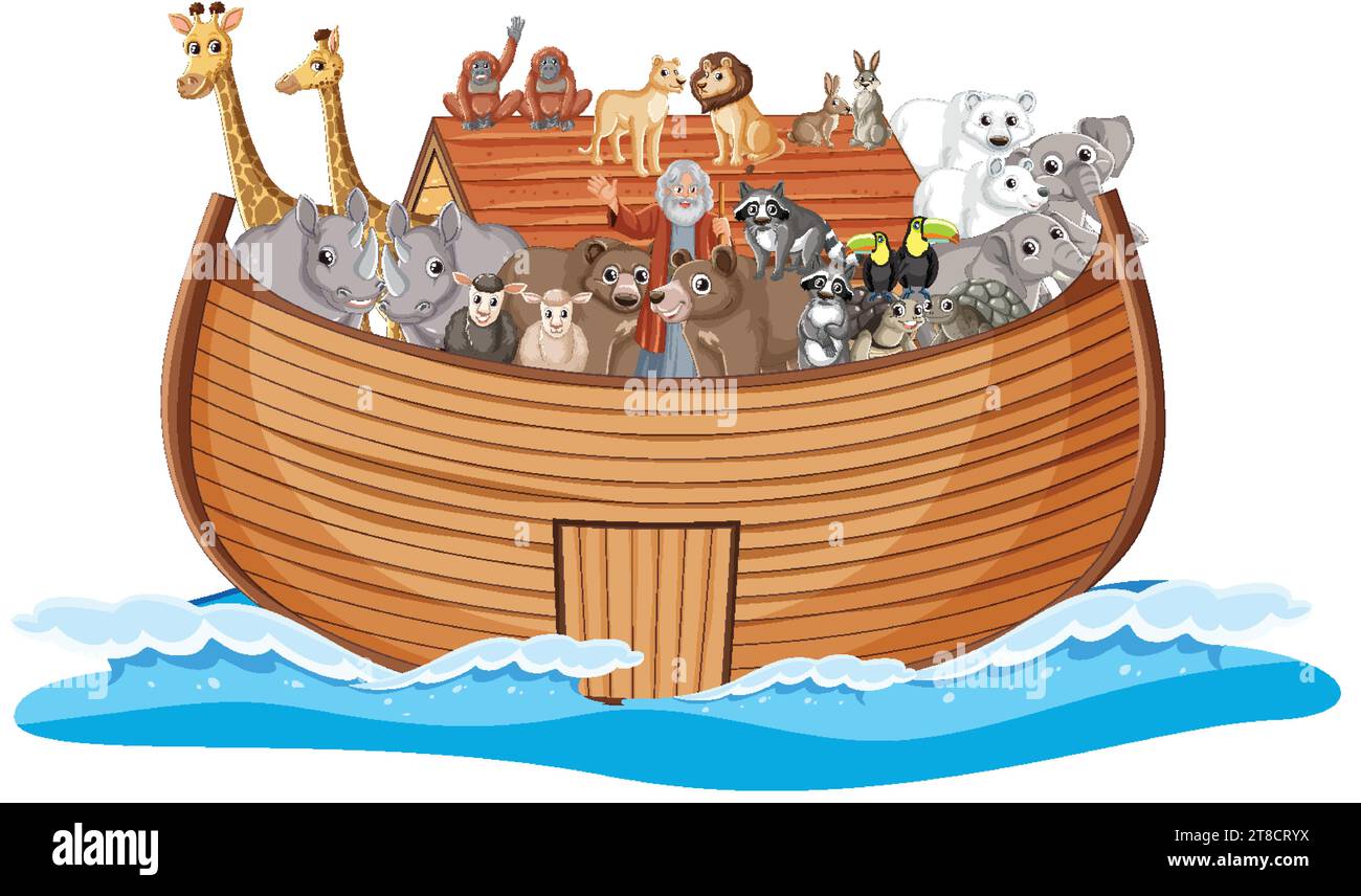 Eine lebendige Szene mit verschiedenen wilden Tieren an Bord eines Holzbootes, das auf dem Wasser schwimmt Stock Vektor