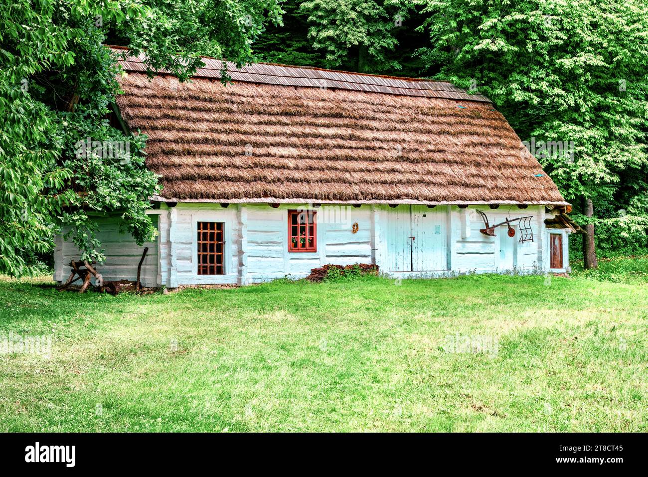 Ein Fragment eines traditionellen polnischen Hauses mit einem Strohdach und einer Holztür im nationalen Stil. Sanok, Polen. Stockfoto