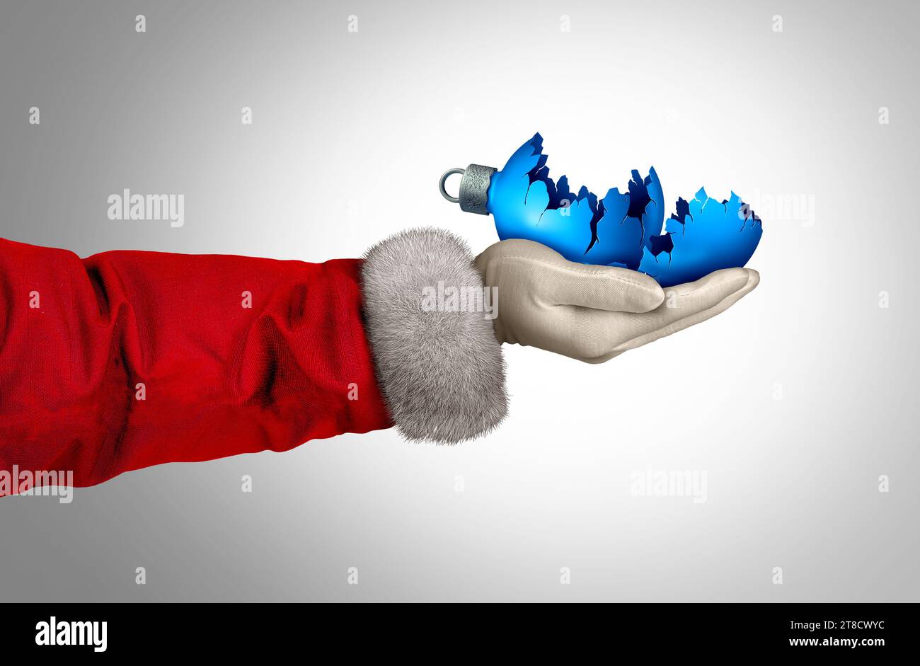 Holiday Blues und saisonale Depression und Weihnachtsstress als Weihnachtsmann mit gebrochenem Ornament als psychologisches Problem des blauen Gefühls während der Zeit Stockfoto