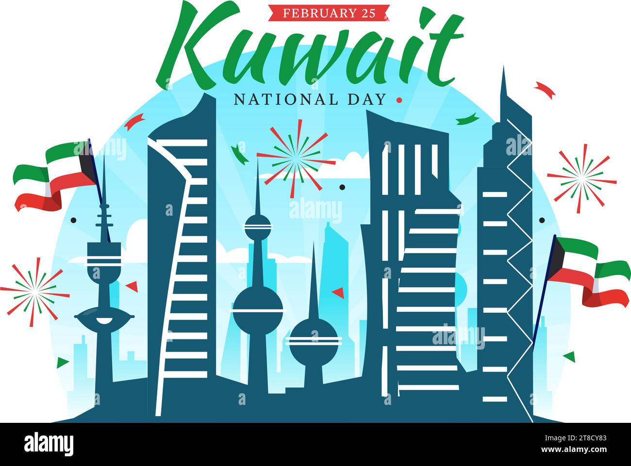 Nationale Kuwait Day Vektor-Illustration am 25. Februar mit Wahrzeichen, Waving Flag und Unabhängigkeitsfeier im flachen Zeichentrickhintergrund Stock Vektor