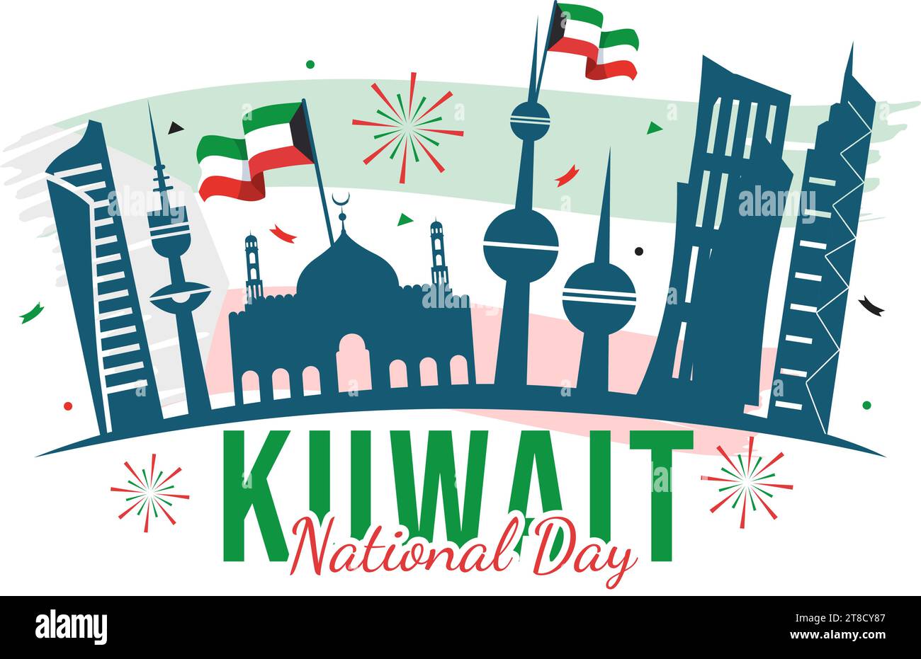 Nationale Kuwait Day Vektor-Illustration am 25. Februar mit Wahrzeichen, Waving Flag und Unabhängigkeitsfeier im flachen Zeichentrickhintergrund Stock Vektor