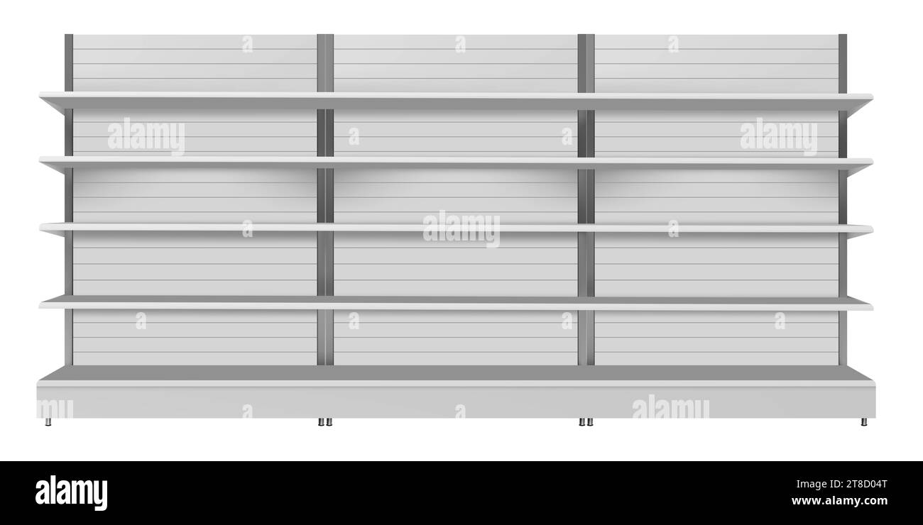 Größtes leeres Gondelregal für Supermarkt-Branding. #Gondel #leeres Regal Stockfoto