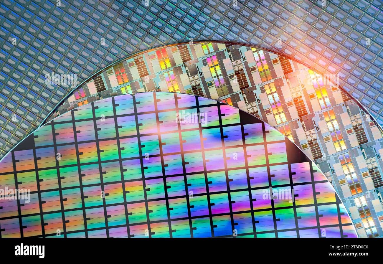 Silizium-Wafer mit Mikrochips, die in der Elektronik zur Herstellung integrierter Schaltungen verwendet werden. Stockfoto