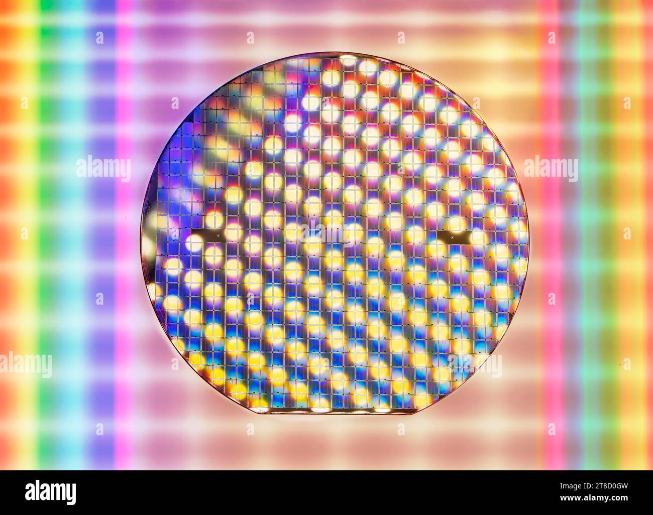 Silizium-Wafer mit Mikrochips, die in der Elektronik für die Herstellung von integrierten Schaltungen verwendet werden Stockfoto