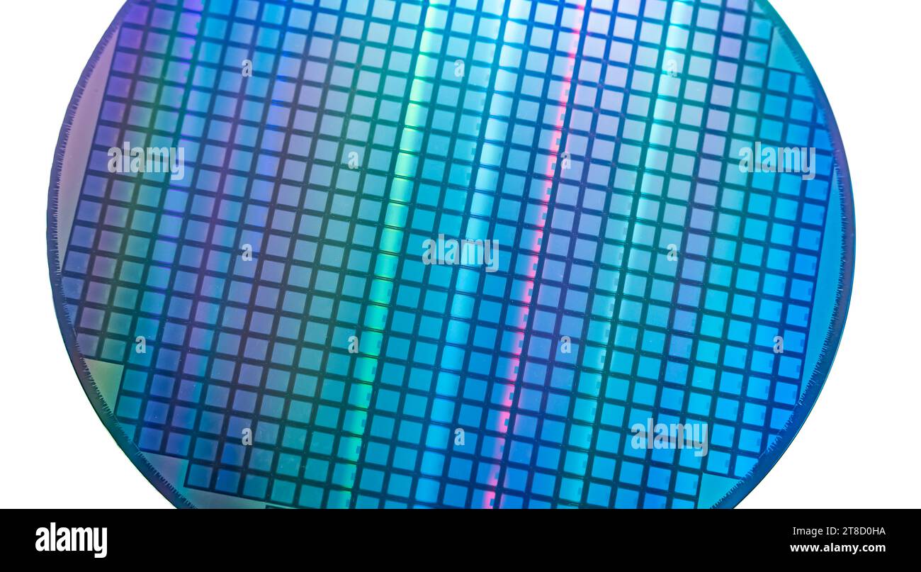 Silizium-Wafer-Halbleiter mit Neonfarbe, integrierte Schaltungen zur Herstellung von CPU und GPU Stockfoto