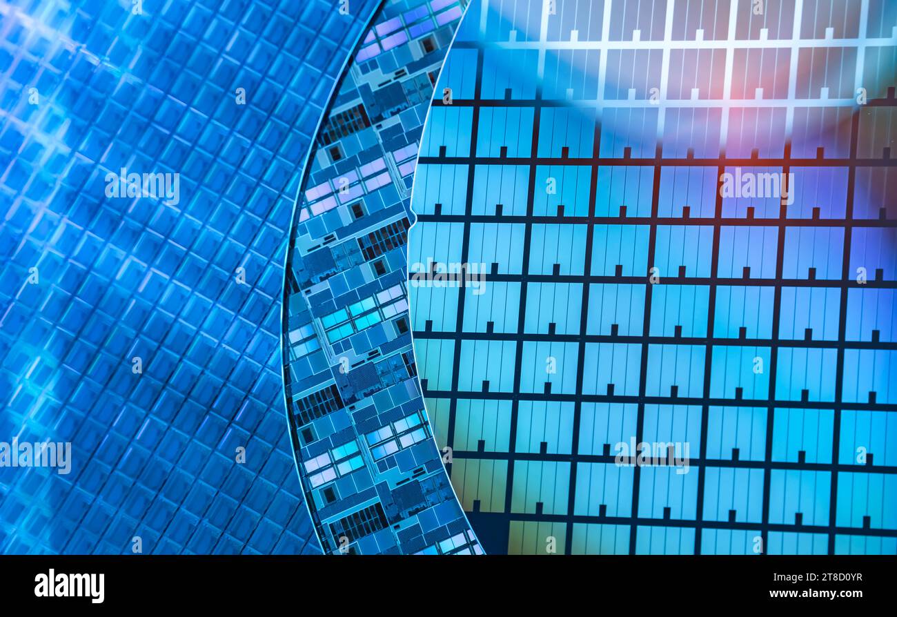 Silizium-Wafer-Halbleiter mit Neonfarbe, integrierte Schaltungen zur Herstellung von CPU und GPU Stockfoto