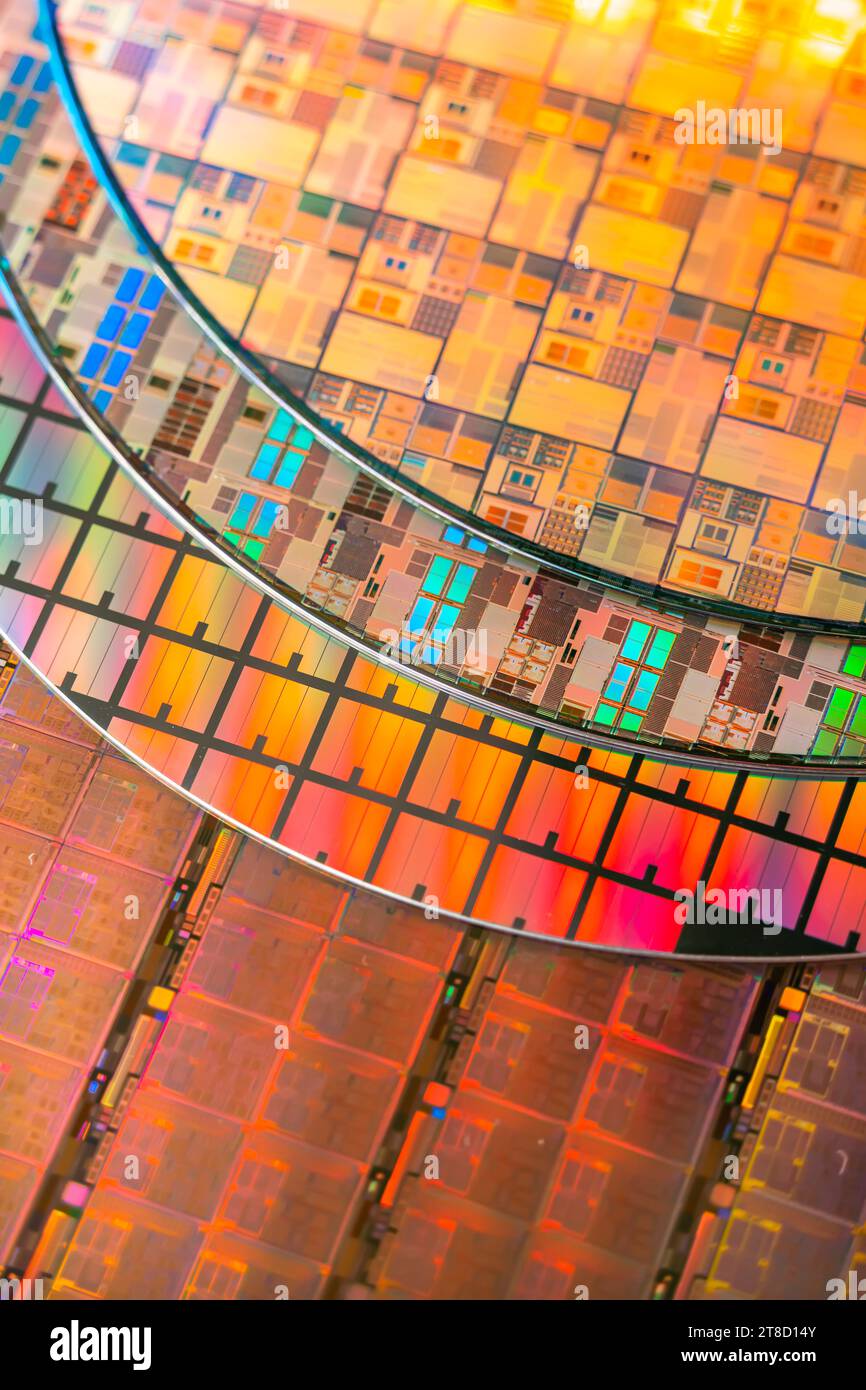 Silizium-Wafer mit Mikrochips, die in der Elektronik zur Herstellung integrierter Schaltungen verwendet werden. Stockfoto