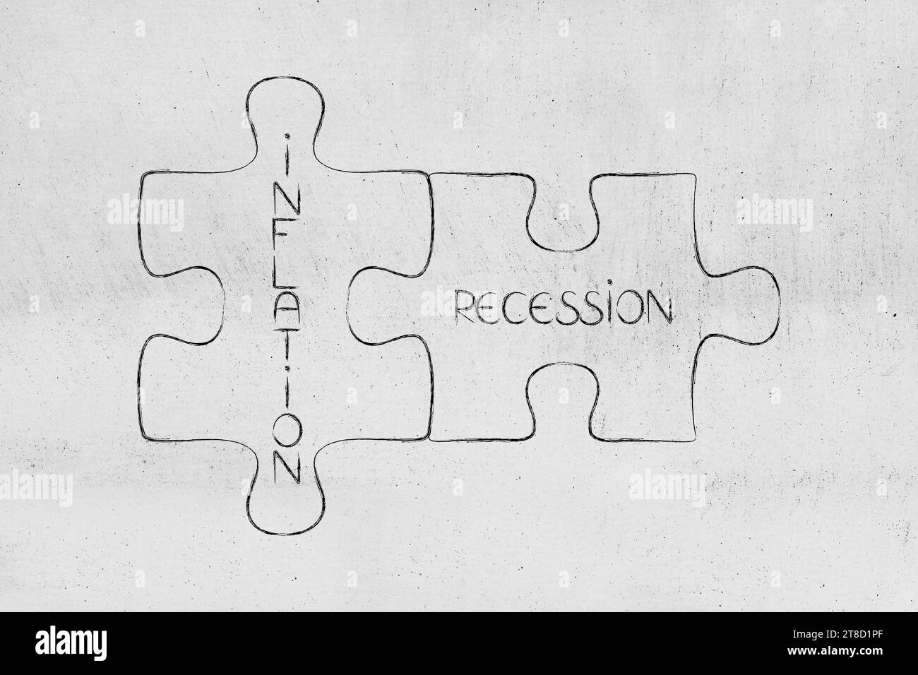 Verbindung zwischen Inflation und Rezession konzeptuelle Illustration, Puzzle mit Text Stockfoto