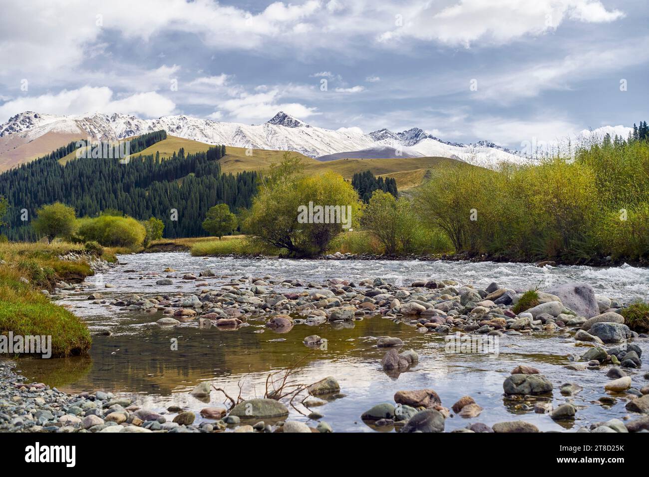 Wunderschöne Landschaft mit fließenden Flüssen, bunten Büschen und Schneebergen in Xinjiang, China Stockfoto