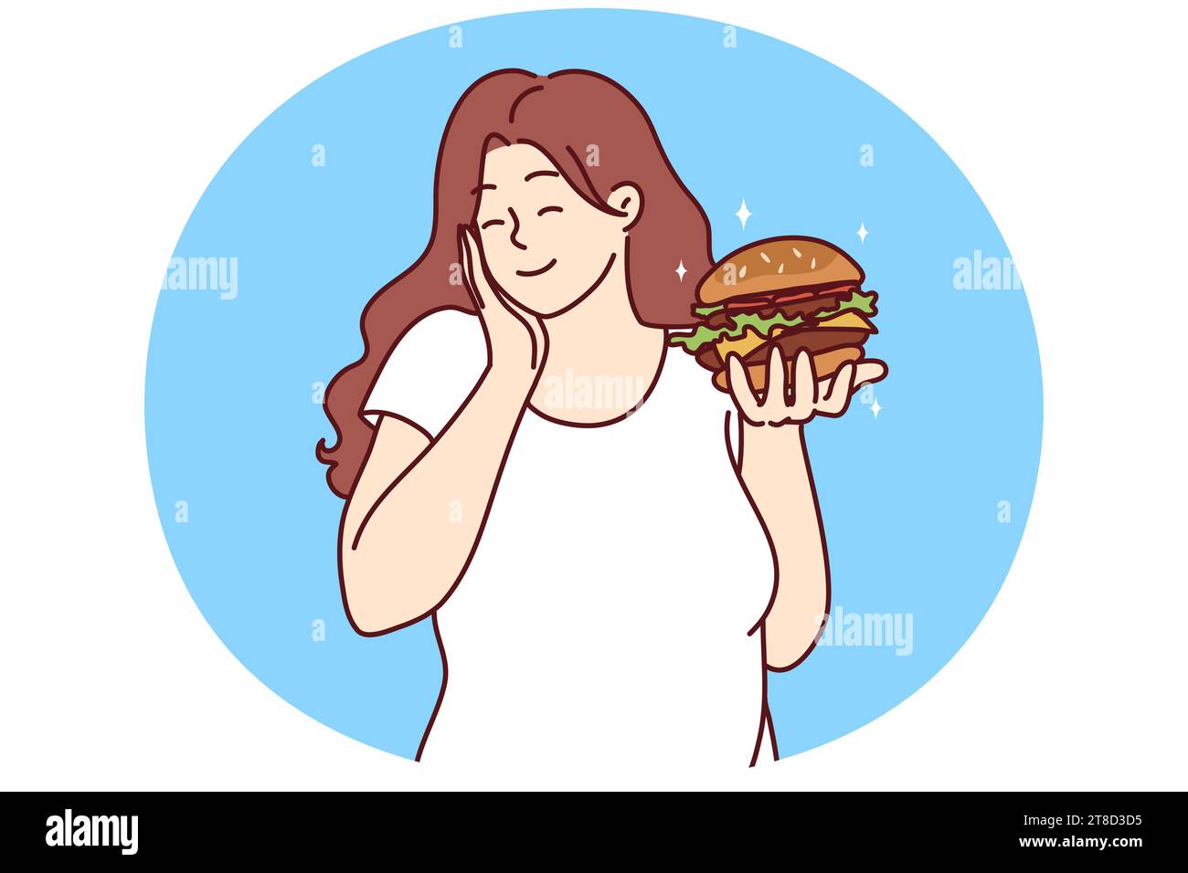 Glückliche übergewichtige Frau hält Burger begeistert von Fast Food. Lächelndes fette Mädchen essen fetthaltige ungesunde Hamburger. Ernährung und Ernährung. Vektorgrafik. Stock Vektor