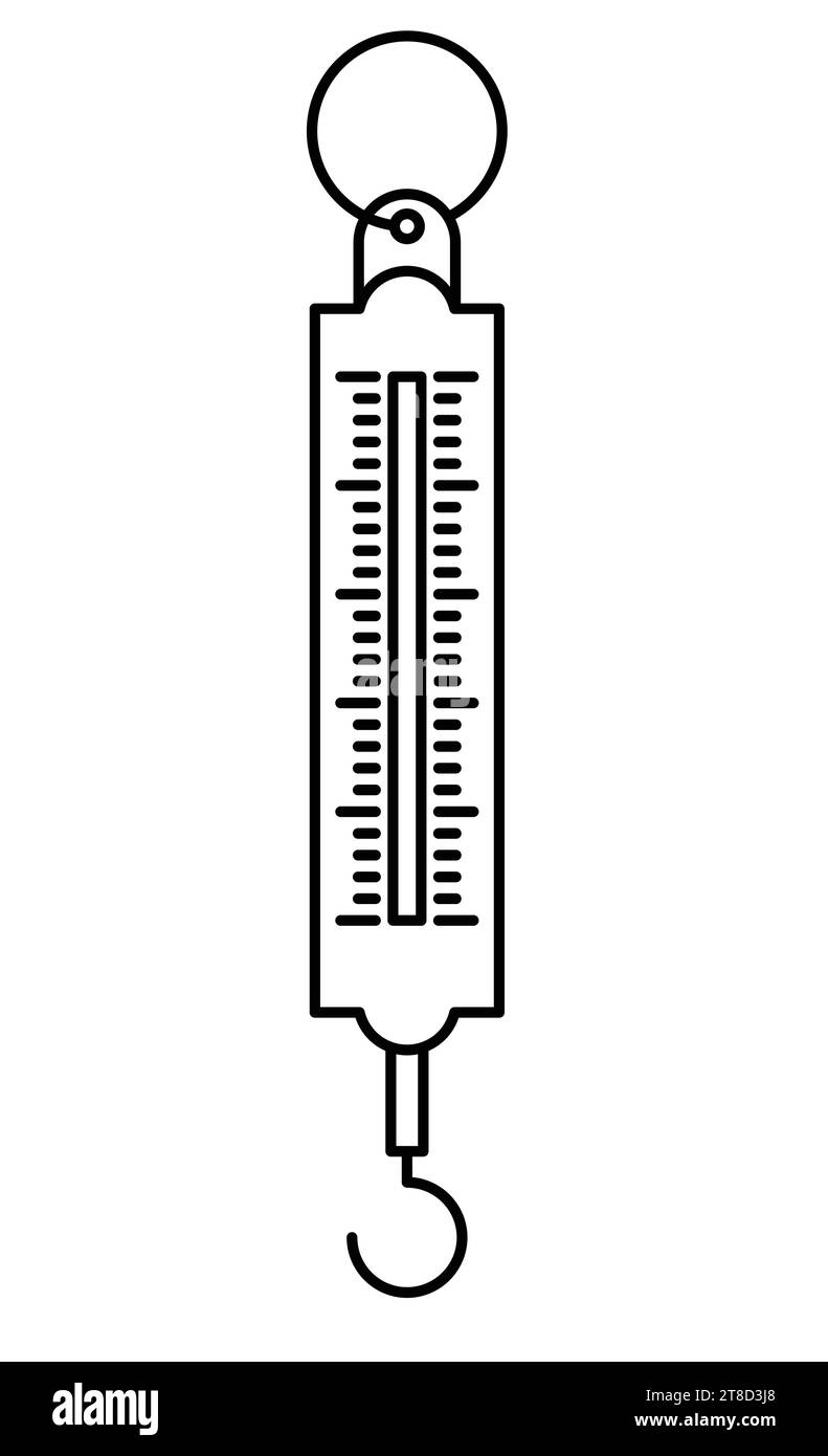 Federwaage für Haushalte. Vektorabbildung. Kontursymbol isoliert auf weißem Hintergrund. Mechanische Federwaage. Stock Vektor
