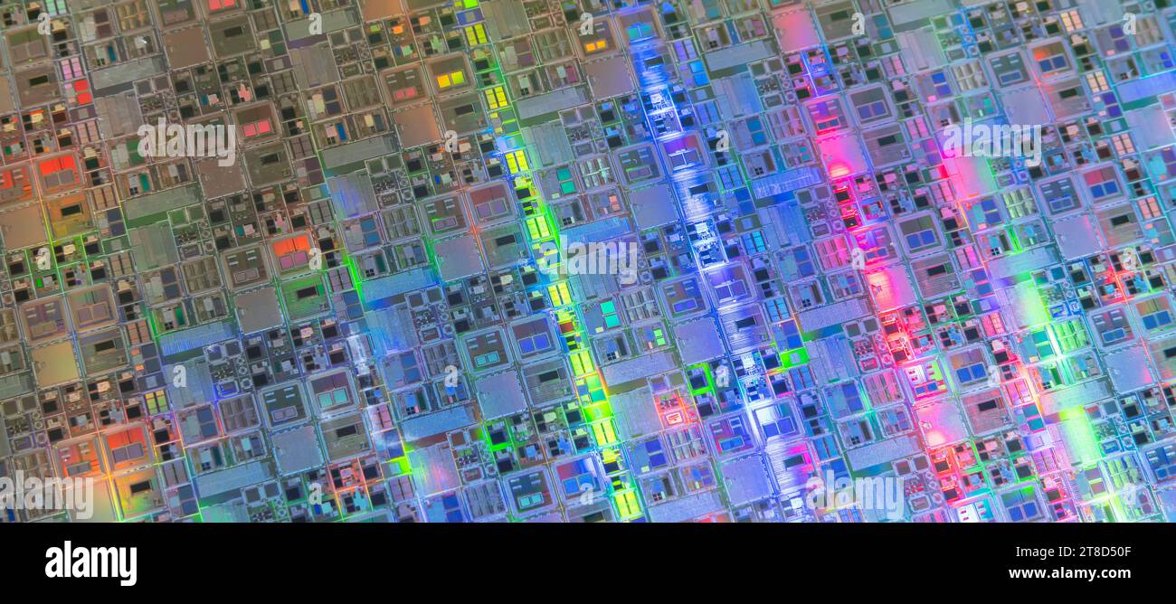 Silizium-Wafer mit Mikrochips, die in der Elektronik für die Herstellung von integrierten Schaltungen verwendet werden Stockfoto