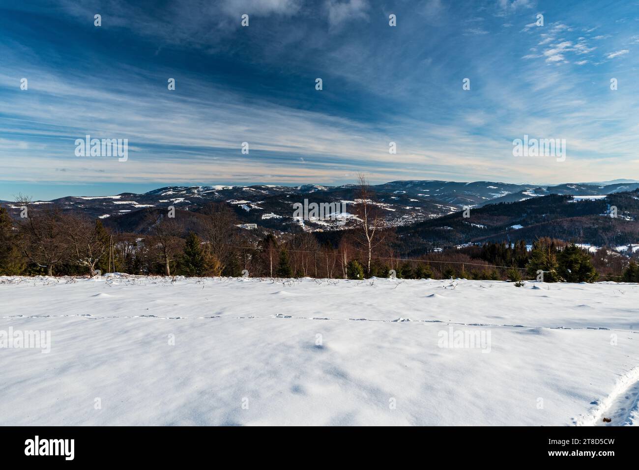 Winter Beskid Slaski Berge mit dem höchsten Skrzyczne Hügel in Polen - Blick vom Wiesenbalg Wielka Zzantoria Hügel Gipfel Stockfoto