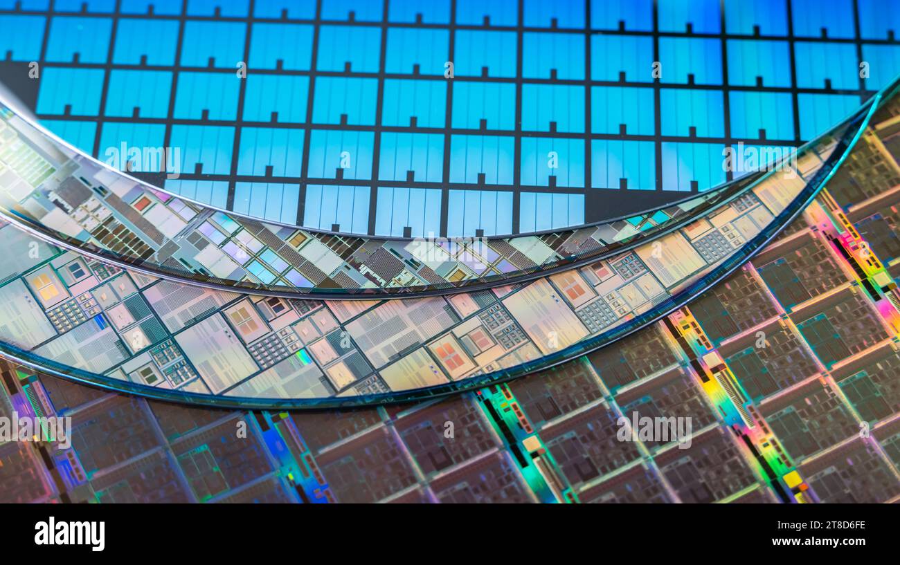 Silizium-Wafer mit Mikrochips, die in der Elektronik für die Herstellung von integrierten Schaltungen verwendet werden Stockfoto