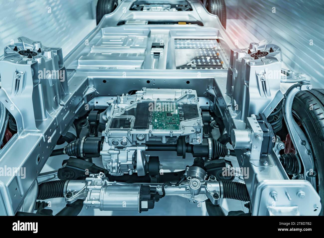 Fahrgestell des Elektroautos mit Antriebsstrang und Stromanschluss, elektrisches System des ECO-Car-Konzepts. Stockfoto