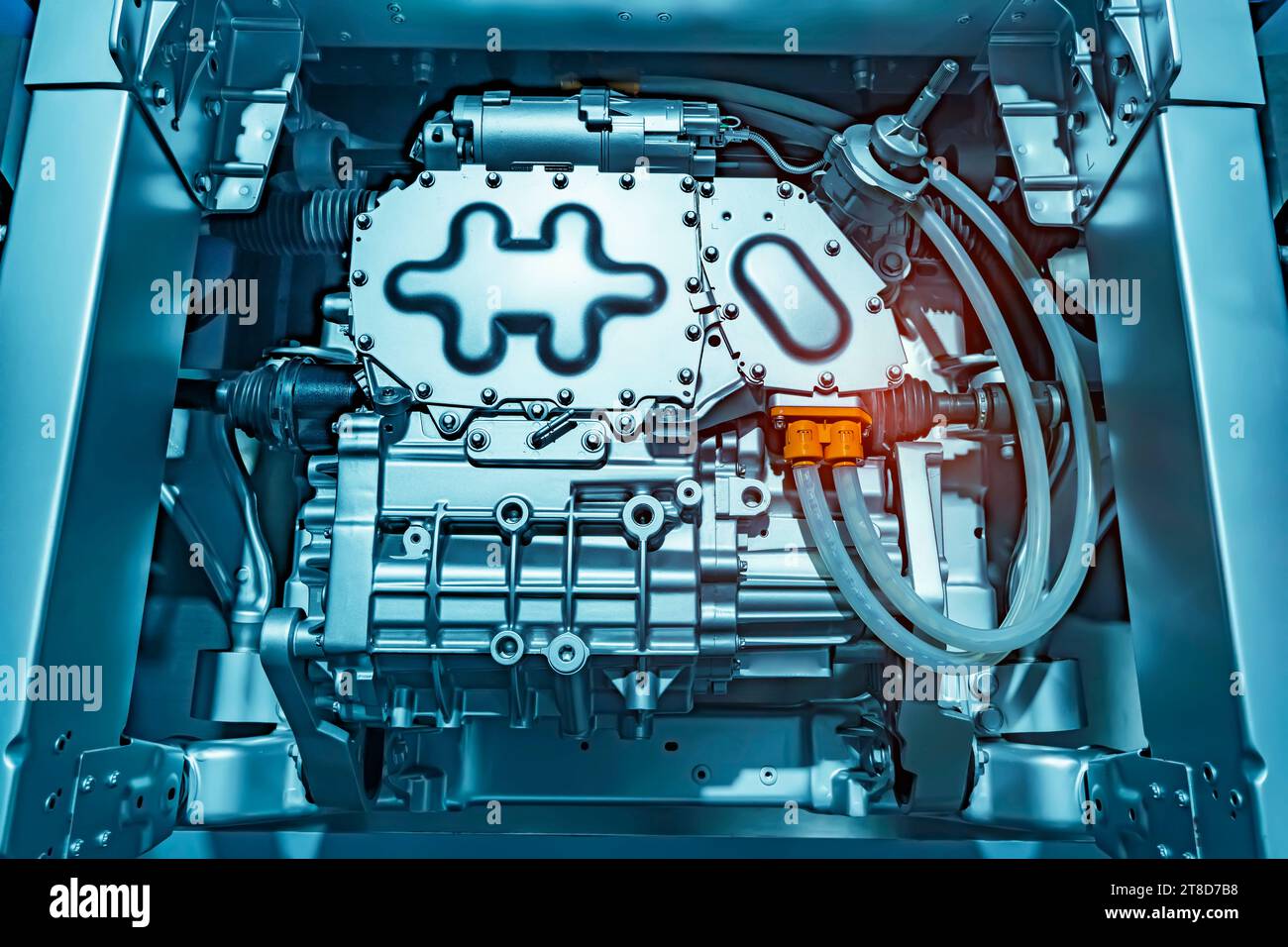 Fahrgestell des Elektroautos mit Antriebsstrang und Stromanschluss, elektrisches System des ECO-Car-Konzepts. Stockfoto