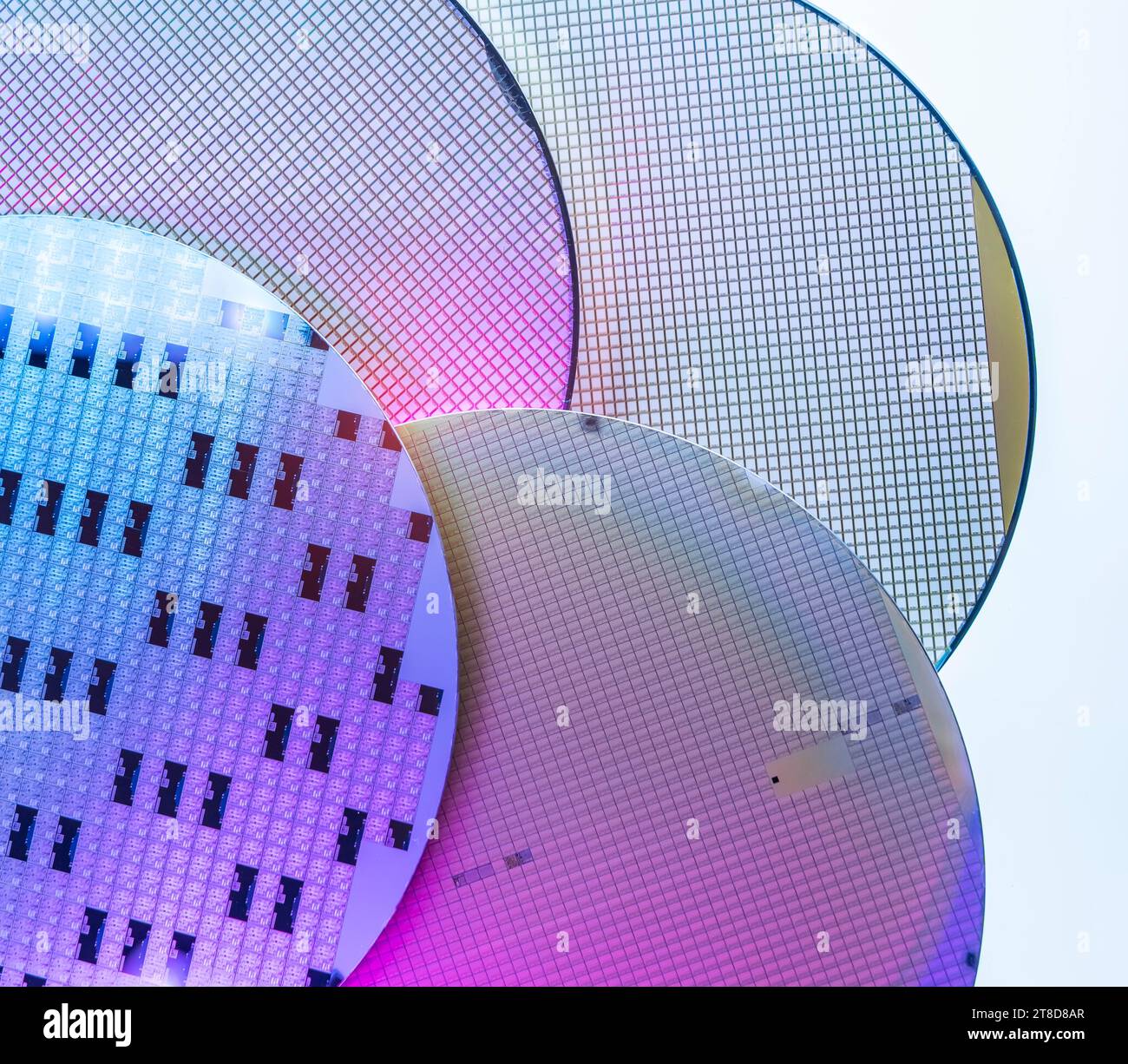 Makro aus Silizium-Wafer-Halbleiter mit Neonfarbe, integrierte Schaltungen zur Herstellung von CPU und GPU Stockfoto