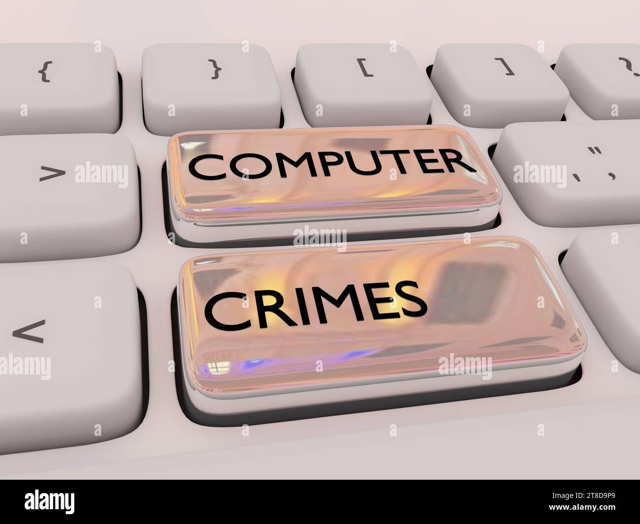 3D-Illustration der Computertastatur mit dem Skript Computerkriminalität auf zwei farbigen Tasten. Stockfoto