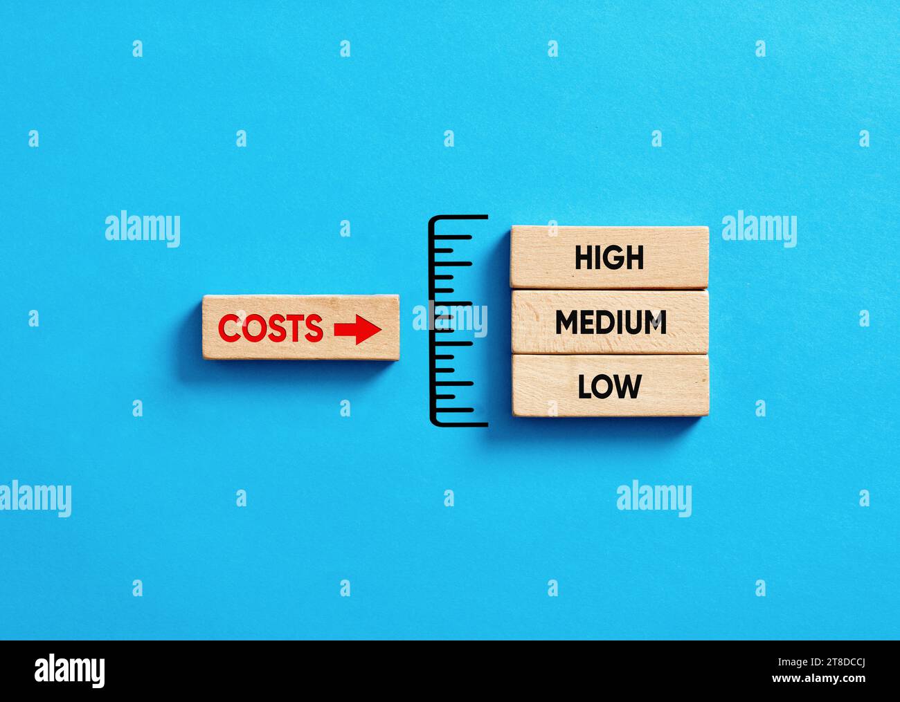 Finanzielle Kostenanalyse und -Bewertung im Unternehmen. Kostenstandsanzeige mit Holzblöcken auf blauem Hintergrund. Stockfoto