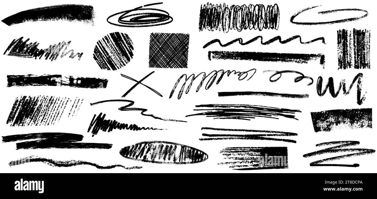 Handgezeichnete Bleistiftlinien aus Holzkohle, Squiggles und raue Pinselstriche. Kritzeln, krabbeln und Grunge strukturierte Kritzeleien mit schwarzem Pinsel. Pinsel mit grungy Graphitstiften, Streifen mit Freihandkreide. Stock Vektor