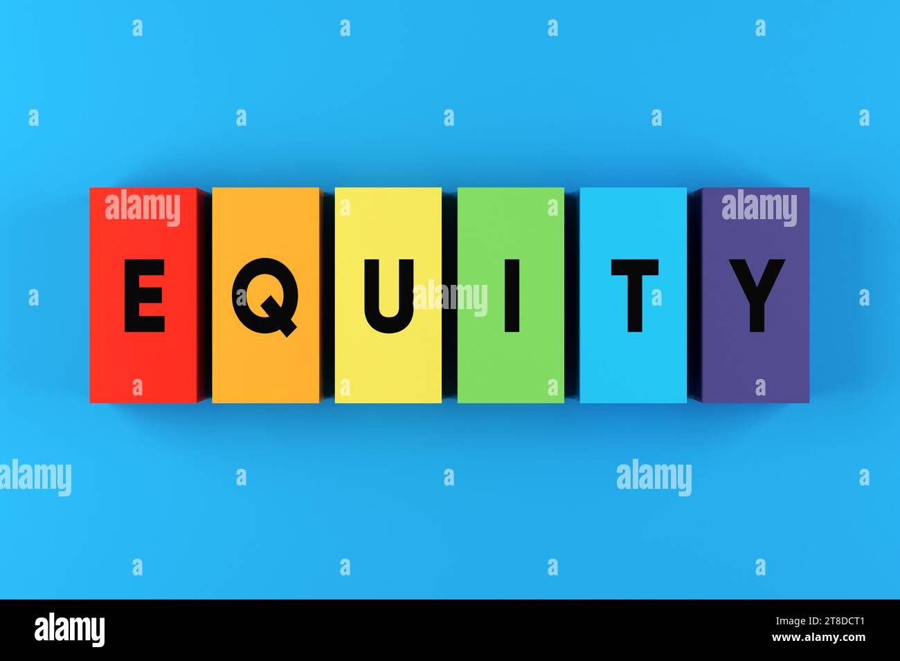 Gleichstellung und Gleichstellung. LGBTIQ-Rechte. Das Wort "Equity" auf bunten Blöcken der Regenbogenflagge. Stockfoto