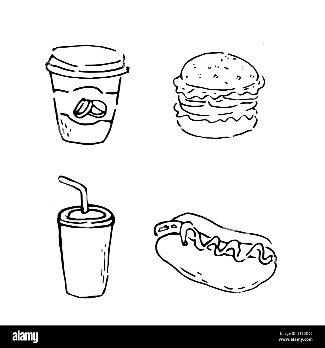 Set mit Ikonen für Getränke und Fast Food im Doodle-Stil Stock Vektor