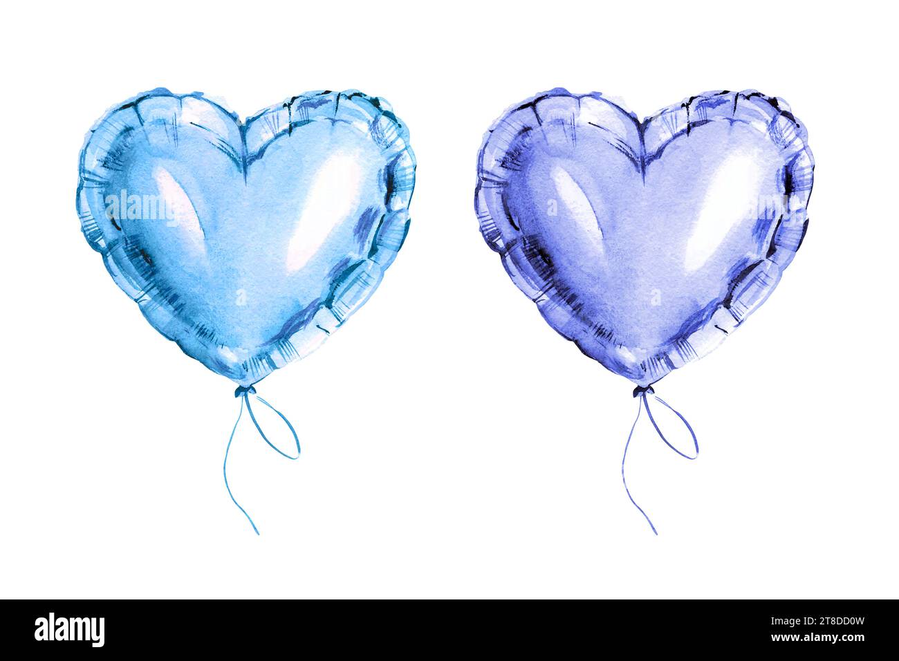 Handgezeichnetes Aquarellset mit Luftballons aus blauer Folie, Ballon aus Metall in Herzform für Valentinstag, Skizze der Veranstaltungsdekoration isoliert auf weißem Ba Stockfoto