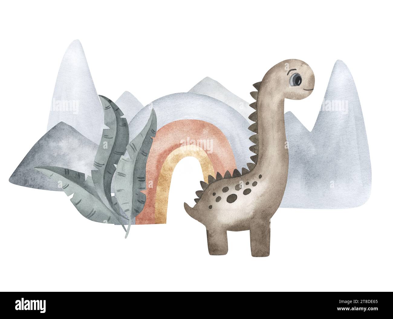 Aquarellfarben, süße Dinosaurier-Komposition. Handgemalter Dino mit Regenbogen, Bergen, Blättern für Kinderzimmer, Tapete, Babyduschkarte. Isoliert am Stockfoto